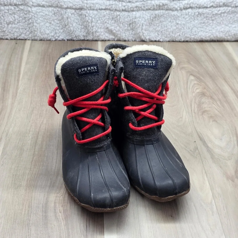 Sperry J.Crew Saltwater Duck Boots Wool Shearling Waterproof Grey Red 9 M Womens